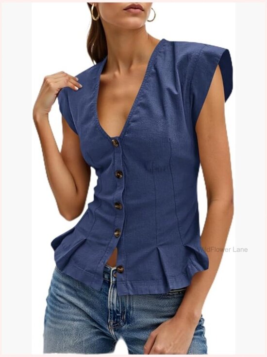 Tops - Deep V Neck Cotton Top with Cap Sleeves and Ruffle Hem - Fitted Blouse